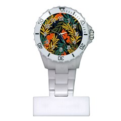 Fashionable Seamless Tropical Pattern With Bright Green Blue Plants Leaves Plastic Nurses Watch by Nexatart