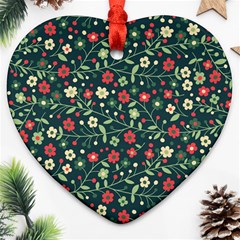 Flowering Branches Seamless Pattern Heart Ornament (two Sides)