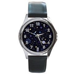 Starry Night  Space Constellations  Stars  Galaxy  Universe Graphic  Illustration Round Metal Watch by Nexatart