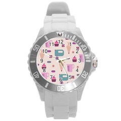 Seamless Bakery Vector Pattern Round Plastic Sport Watch (L)