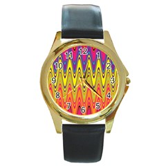 Retro Colorful Waves Background Round Gold Metal Watch by Nexatart