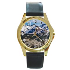 El Chalten Landcape Andes Patagonian Mountains, Agentina Round Gold Metal Watch by dflcprintsclothing