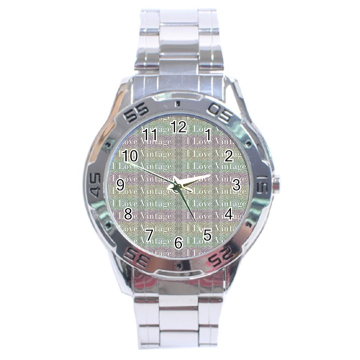 I Love Vintage Phrase Motif Striped Pattern Design Stainless Steel Analogue Watch