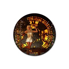 Steampunk Clockwork And Steampunk Girl Rubber Round Coaster (4 Pack)  by FantasyWorld7