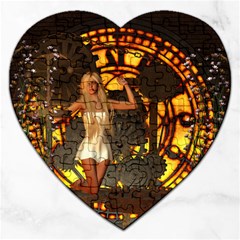 Steampunk Clockwork And Steampunk Girl Jigsaw Puzzle (heart) by FantasyWorld7