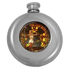 Steampunk Clockwork And Steampunk Girl Round Hip Flask (5 Oz) by FantasyWorld7