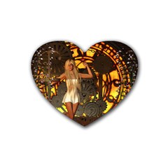 Steampunk Clockwork And Steampunk Girl Rubber Coaster (heart)  by FantasyWorld7