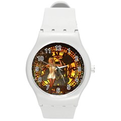 Steampunk Clockwork And Steampunk Girl Round Plastic Sport Watch (m) by FantasyWorld7