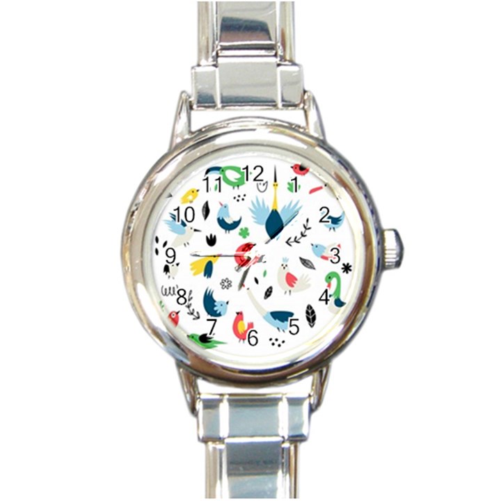 Vector Set Isolates With Cute Birds Scandinavian Style Round Italian Charm Watch