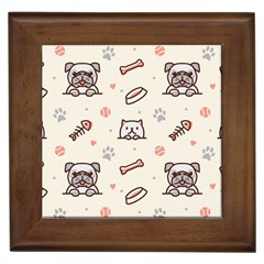 Pug Dog Cat With Bone Fish Bones Paw Prints Ball Seamless Pattern Vector Background Framed Tile by Vaneshart