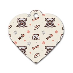 Pug Dog Cat With Bone Fish Bones Paw Prints Ball Seamless Pattern Vector Background Dog Tag Heart (one Side) by Vaneshart