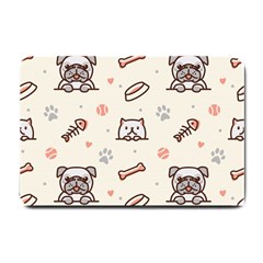 Pug Dog Cat With Bone Fish Bones Paw Prints Ball Seamless Pattern Vector Background Small Doormat  by Vaneshart