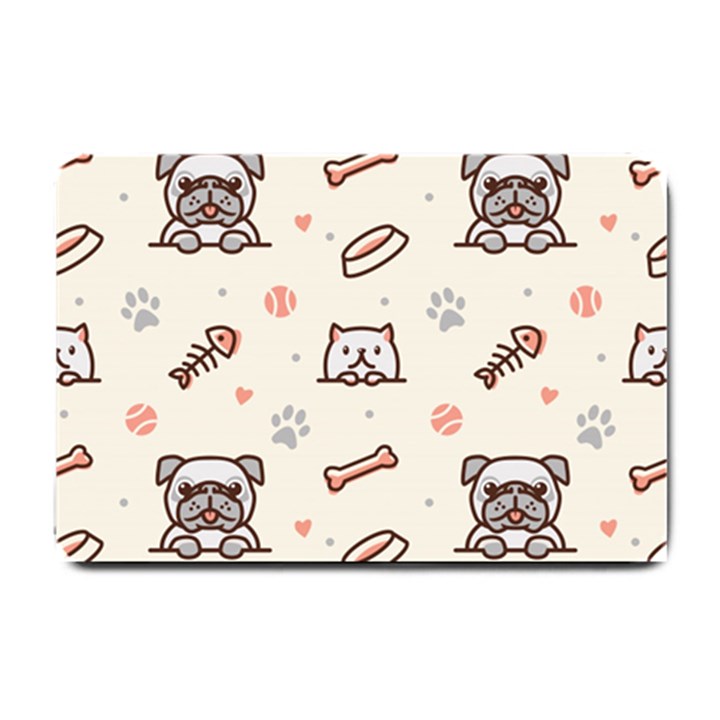 Pug Dog Cat With Bone Fish Bones Paw Prints Ball Seamless Pattern Vector Background Small Doormat 