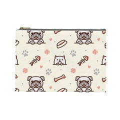 Pug Dog Cat With Bone Fish Bones Paw Prints Ball Seamless Pattern Vector Background Cosmetic Bag (large) by Vaneshart