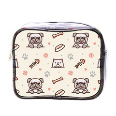 Pug Dog Cat With Bone Fish Bones Paw Prints Ball Seamless Pattern Vector Background Mini Toiletries Bag (one Side) by Vaneshart