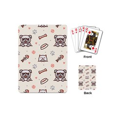 Pug Dog Cat With Bone Fish Bones Paw Prints Ball Seamless Pattern Vector Background Playing Cards Single Design (mini) by Vaneshart