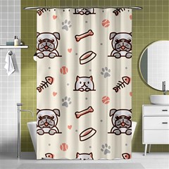 Pug Dog Cat With Bone Fish Bones Paw Prints Ball Seamless Pattern Vector Background Shower Curtain 48  X 72  (small)  by Vaneshart