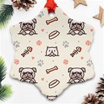 Pug Dog Cat With Bone Fish Bones Paw Prints Ball Seamless Pattern Vector Background Snowflake Ornament (Two Sides) Front