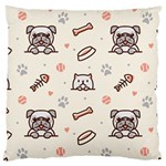 Pug Dog Cat With Bone Fish Bones Paw Prints Ball Seamless Pattern Vector Background Large Cushion Case (One Side) Front