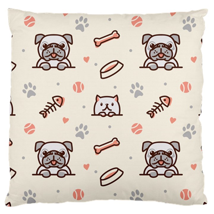 Pug Dog Cat With Bone Fish Bones Paw Prints Ball Seamless Pattern Vector Background Large Cushion Case (One Side)