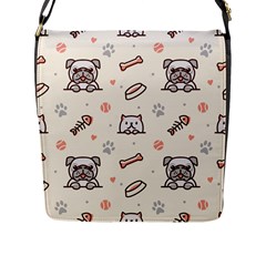 Pug Dog Cat With Bone Fish Bones Paw Prints Ball Seamless Pattern Vector Background Flap Closure Messenger Bag (l) by Vaneshart