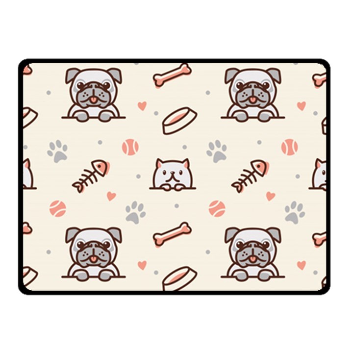 Pug Dog Cat With Bone Fish Bones Paw Prints Ball Seamless Pattern Vector Background Double Sided Fleece Blanket (Small) 