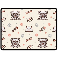 Pug Dog Cat With Bone Fish Bones Paw Prints Ball Seamless Pattern Vector Background Double Sided Fleece Blanket (large)  by Vaneshart