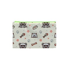 Pug Dog Cat With Bone Fish Bones Paw Prints Ball Seamless Pattern Vector Background Cosmetic Bag (xs) by Vaneshart