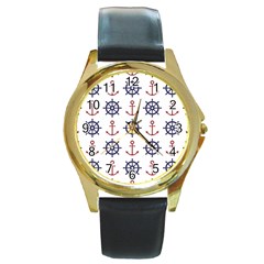 Nautical Seamless Pattern Round Gold Metal Watch by Vaneshart