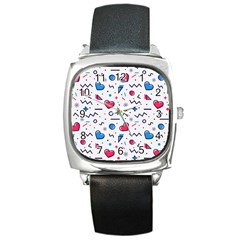 Hearts Seamless Pattern Memphis Style Square Metal Watch by Vaneshart