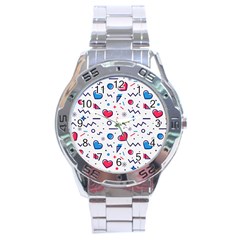 Hearts Seamless Pattern Memphis Style Stainless Steel Analogue Watch by Vaneshart