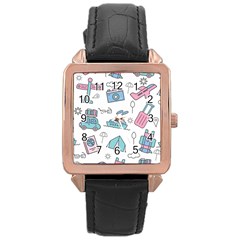 Transportation Seamless Pattern Rose Gold Leather Watch  by Vaneshart