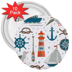 Nautical Elements Pattern Background 3  Buttons (10 Pack)  by Vaneshart