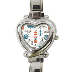 Nautical Elements Pattern Background Heart Italian Charm Watch by Vaneshart