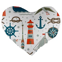 Nautical Elements Pattern Background Large 19  Premium Heart Shape Cushions by Vaneshart