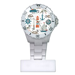 Nautical Elements Pattern Background Plastic Nurses Watch by Vaneshart