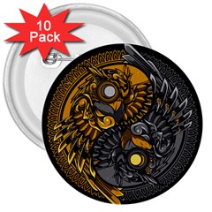 Yin Yang Owl Doodle Ornament Illustration 3  Buttons (10 Pack)  by Vaneshart