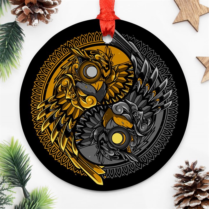 Yin Yang Owl Doodle Ornament Illustration Round Ornament (Two Sides)