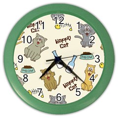 Happy Cats Pattern Background Color Wall Clock by Vaneshart