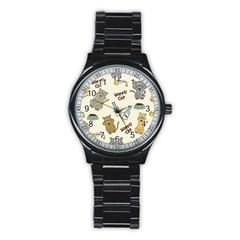 Happy Cats Pattern Background Stainless Steel Round Watch by Vaneshart