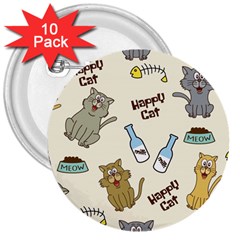 Happy Cats Pattern Background 3  Buttons (10 Pack)  by Vaneshart