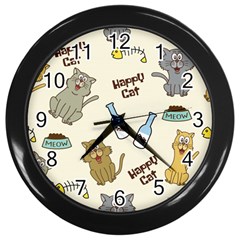 Happy Cats Pattern Background Wall Clock (black) by Vaneshart