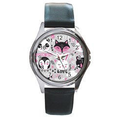 Big Set With Cute Cartoon Animals Bear Panda Bunny Penguin Cat Fox Round Metal Watch by Vaneshart