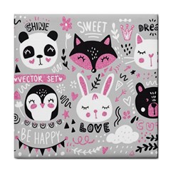 Big Set With Cute Cartoon Animals Bear Panda Bunny Penguin Cat Fox Tile Coaster by Vaneshart