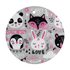 Big Set With Cute Cartoon Animals Bear Panda Bunny Penguin Cat Fox Ornament (round) by Vaneshart