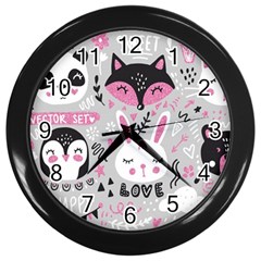 Big Set With Cute Cartoon Animals Bear Panda Bunny Penguin Cat Fox Wall Clock (black) by Vaneshart