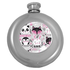 Big Set With Cute Cartoon Animals Bear Panda Bunny Penguin Cat Fox Round Hip Flask (5 Oz) by Vaneshart