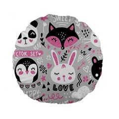 Big Set With Cute Cartoon Animals Bear Panda Bunny Penguin Cat Fox Standard 15  Premium Round Cushions