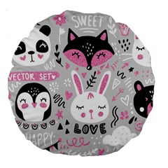 Big Set With Cute Cartoon Animals Bear Panda Bunny Penguin Cat Fox Large 18  Premium Round Cushions by Vaneshart