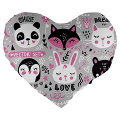 Big Set With Cute Cartoon Animals Bear Panda Bunny Penguin Cat Fox Large 19  Premium Heart Shape Cushions by Vaneshart